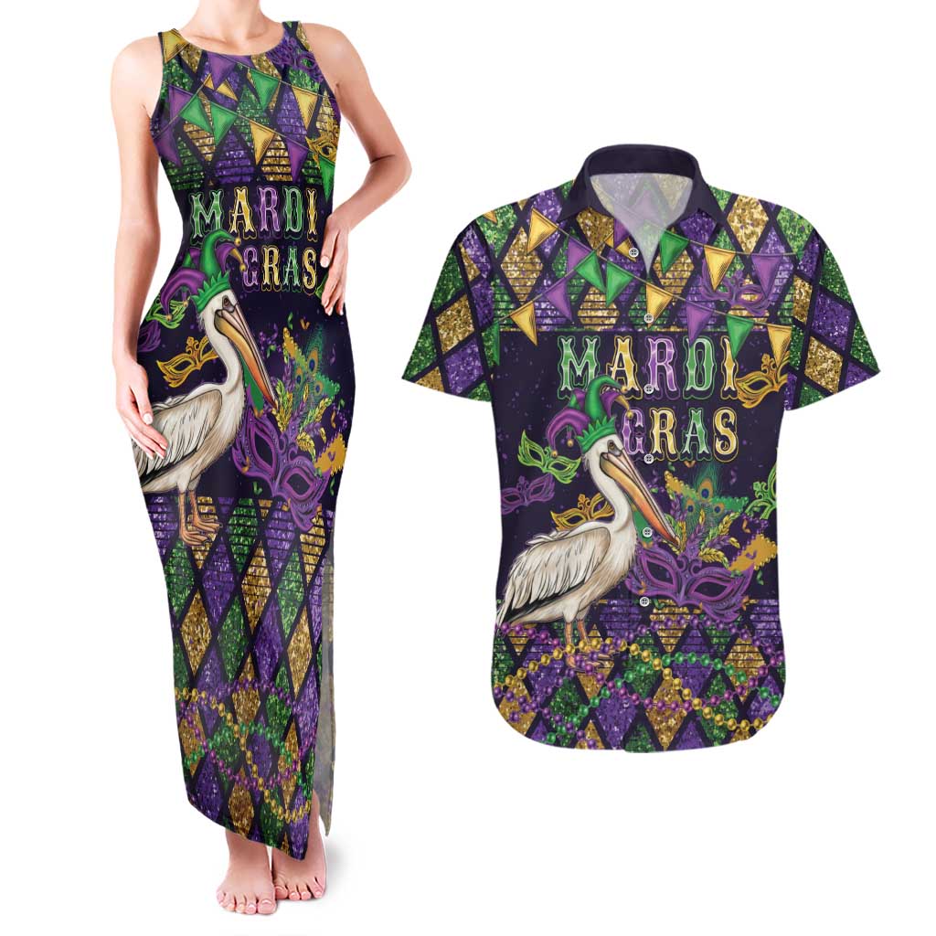 Mardi Gras Pelican Couples Matching Tank Maxi Dress and Hawaiian Shirt Let the Good Times Roll