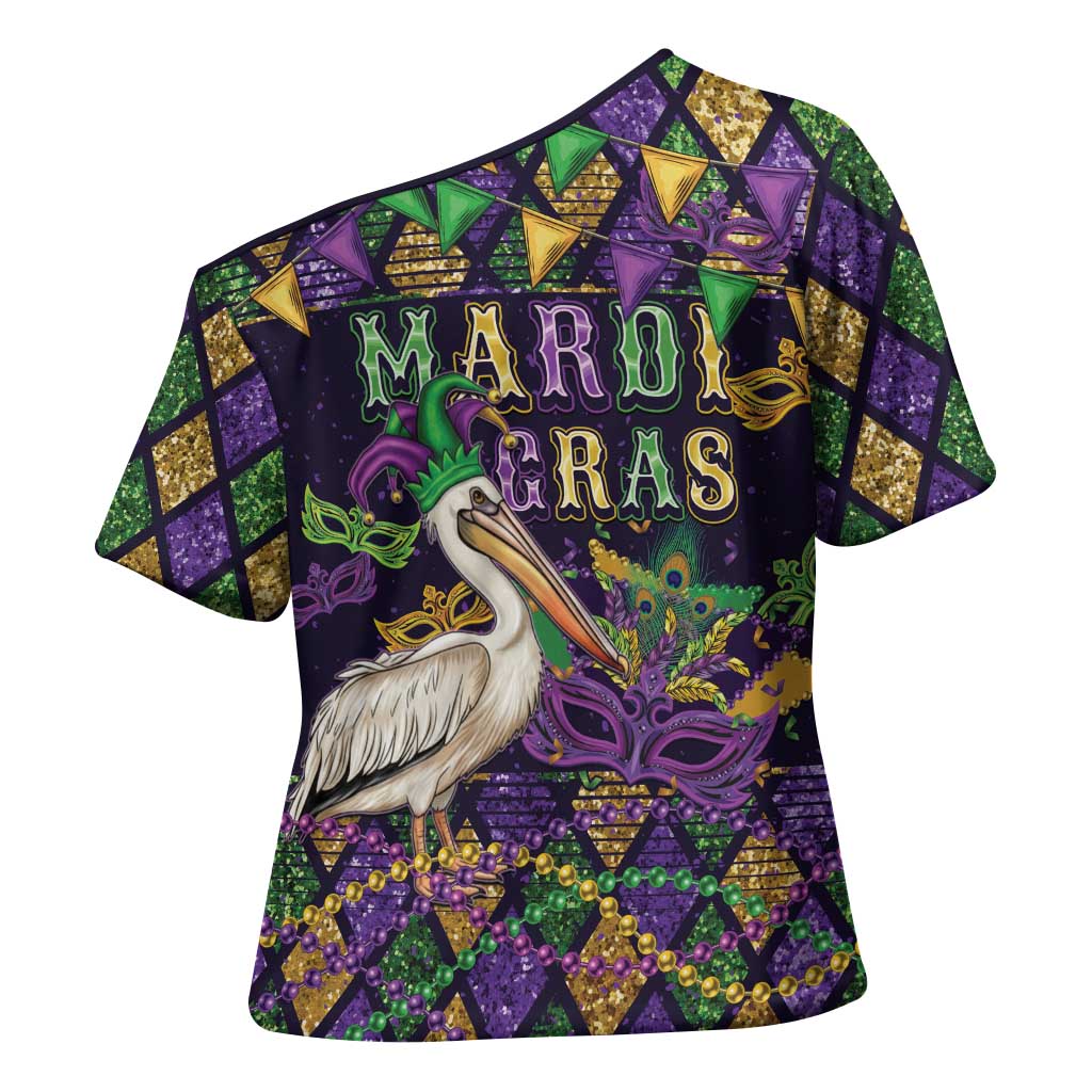 Mardi Gras Pelican Cross Shoulder Shirt Let the Good Times Roll