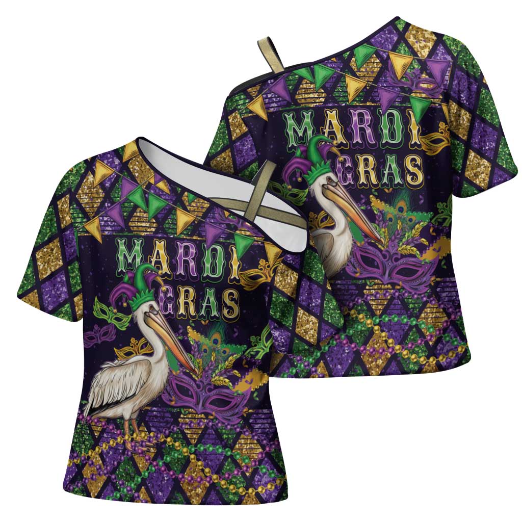 Mardi Gras Pelican Cross Shoulder Shirt Let the Good Times Roll
