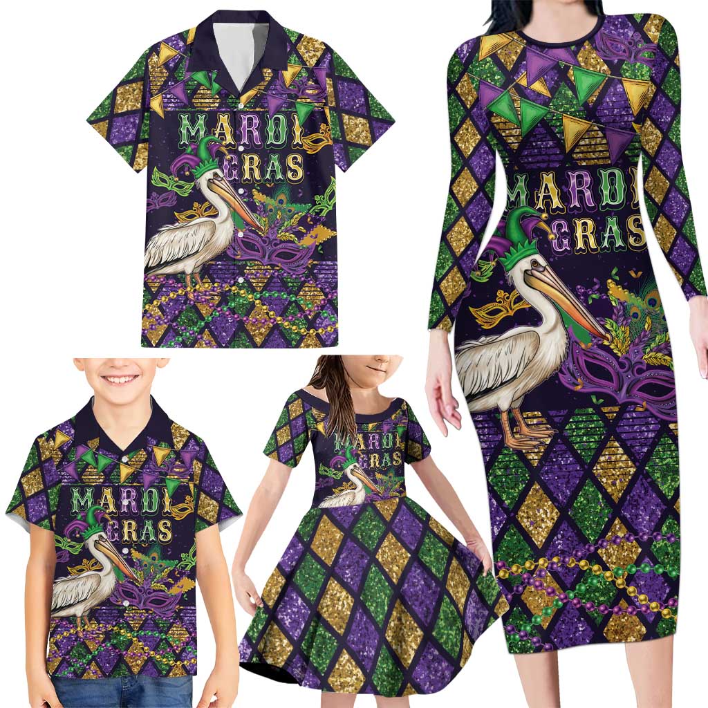 Mardi Gras Pelican Family Matching Long Sleeve Bodycon Dress and Hawaiian Shirt Let the Good Times Roll
