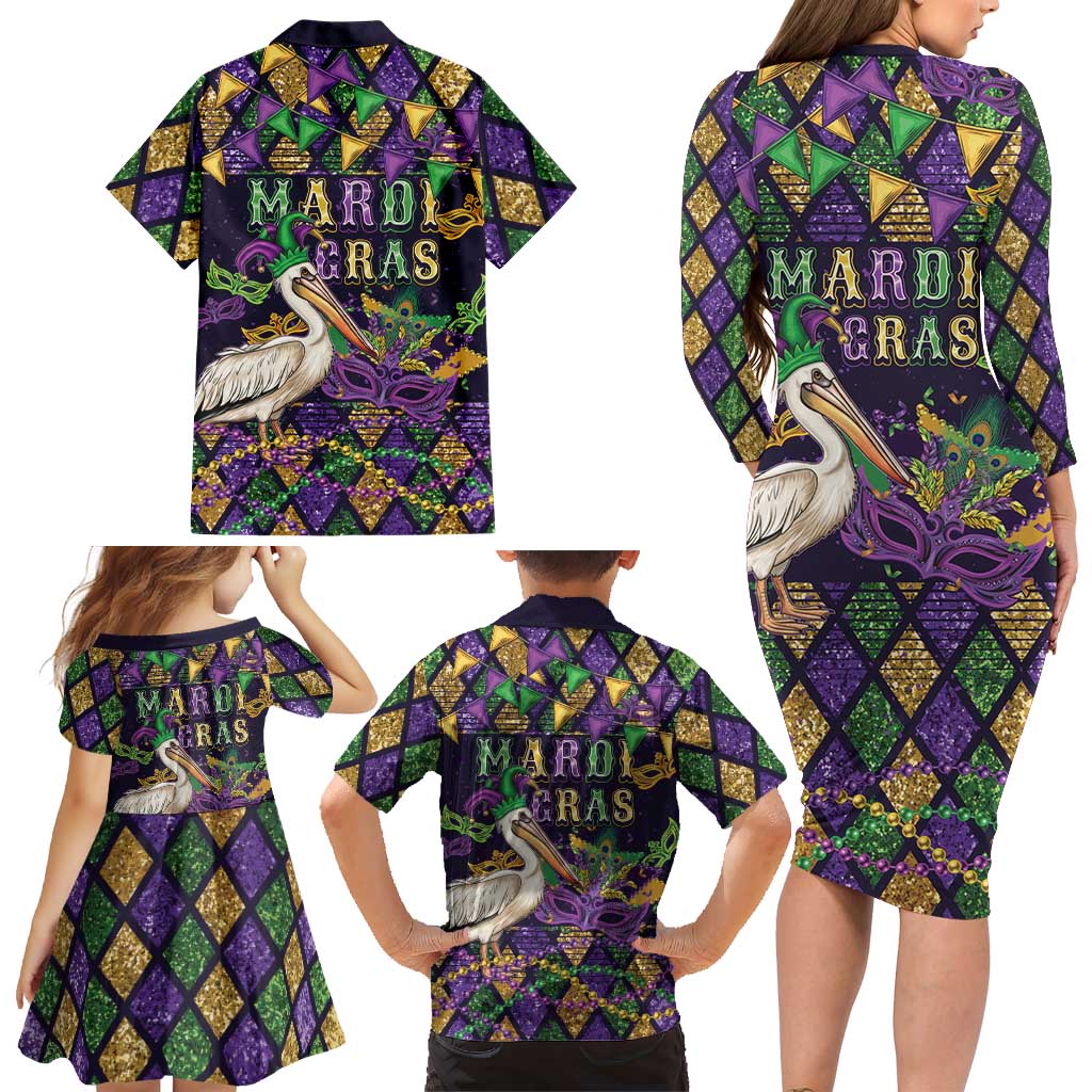 Mardi Gras Pelican Family Matching Long Sleeve Bodycon Dress and Hawaiian Shirt Let the Good Times Roll