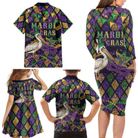 Mardi Gras Pelican Family Matching Long Sleeve Bodycon Dress and Hawaiian Shirt Let the Good Times Roll