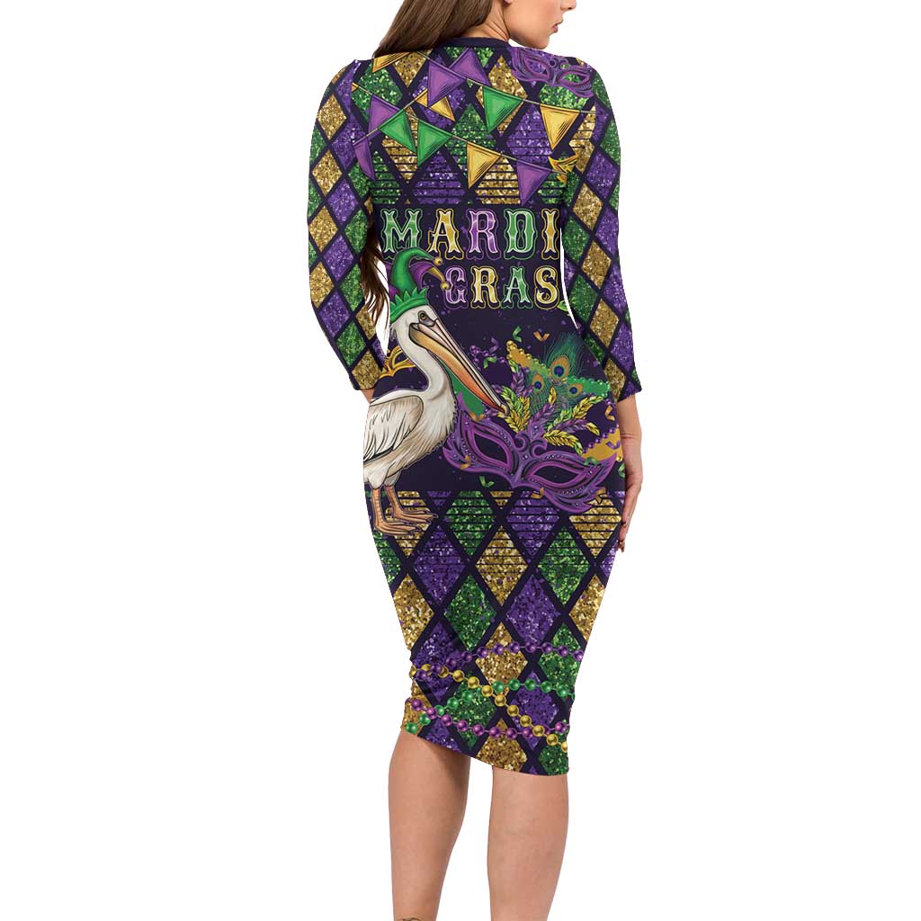 Mardi Gras Pelican Family Matching Long Sleeve Bodycon Dress and Hawaiian Shirt Let the Good Times Roll
