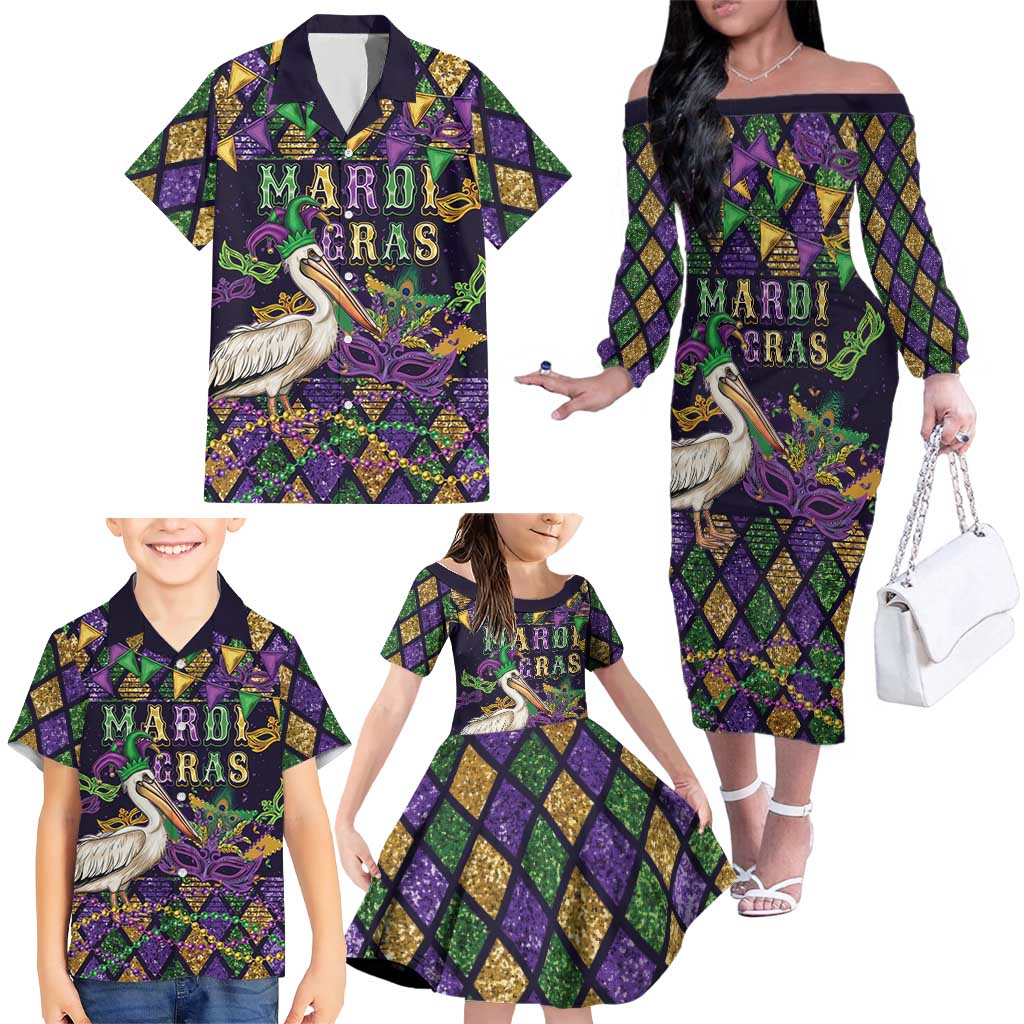 Mardi Gras Pelican Family Matching Off The Shoulder Long Sleeve Dress and Hawaiian Shirt Let the Good Times Roll