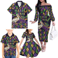 Mardi Gras Pelican Family Matching Off The Shoulder Long Sleeve Dress and Hawaiian Shirt Let the Good Times Roll