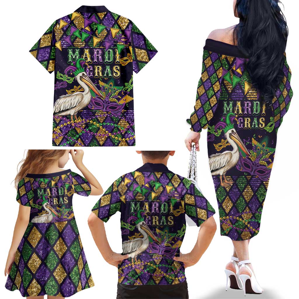 Mardi Gras Pelican Family Matching Off The Shoulder Long Sleeve Dress and Hawaiian Shirt Let the Good Times Roll
