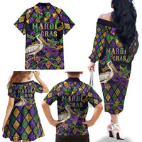 Mardi Gras Pelican Family Matching Off The Shoulder Long Sleeve Dress and Hawaiian Shirt Let the Good Times Roll