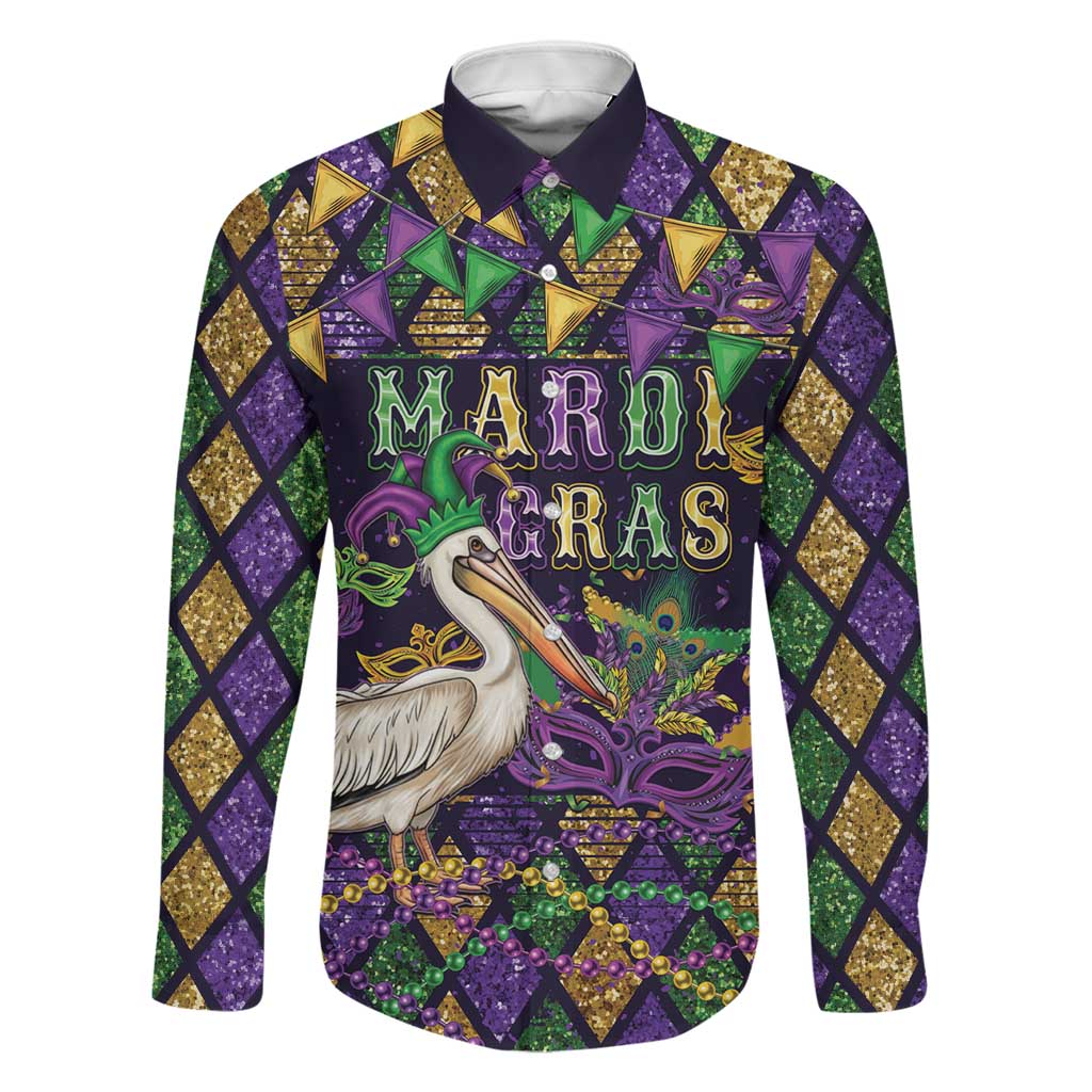 Mardi Gras Pelican Family Matching Off The Shoulder Long Sleeve Dress and Hawaiian Shirt Let the Good Times Roll