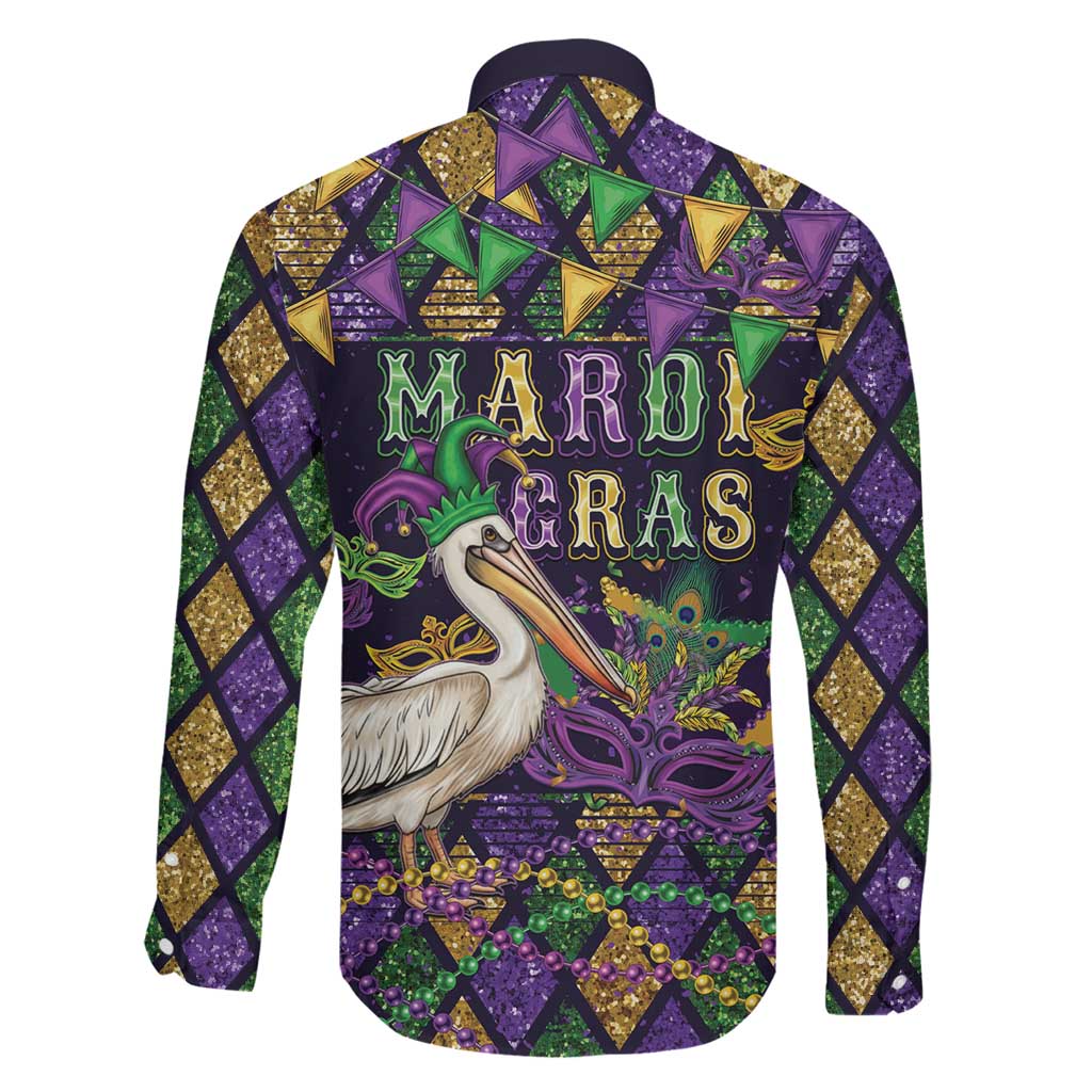 Mardi Gras Pelican Family Matching Off The Shoulder Long Sleeve Dress and Hawaiian Shirt Let the Good Times Roll