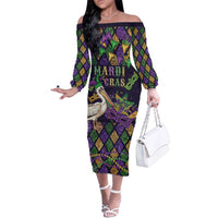 Mardi Gras Pelican Family Matching Off The Shoulder Long Sleeve Dress and Hawaiian Shirt Let the Good Times Roll