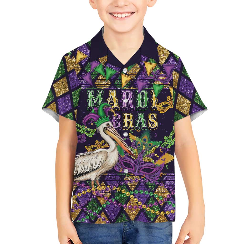 Mardi Gras Pelican Family Matching Off The Shoulder Long Sleeve Dress and Hawaiian Shirt Let the Good Times Roll