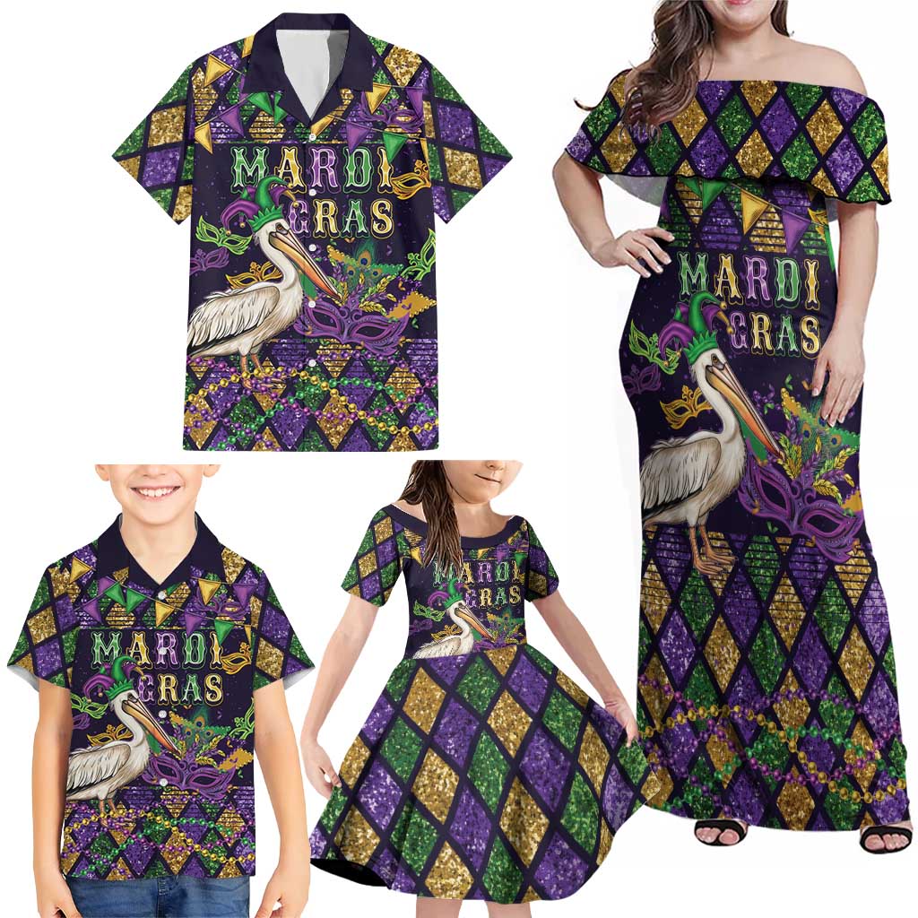 Mardi Gras Pelican Family Matching Off Shoulder Maxi Dress and Hawaiian Shirt Let the Good Times Roll