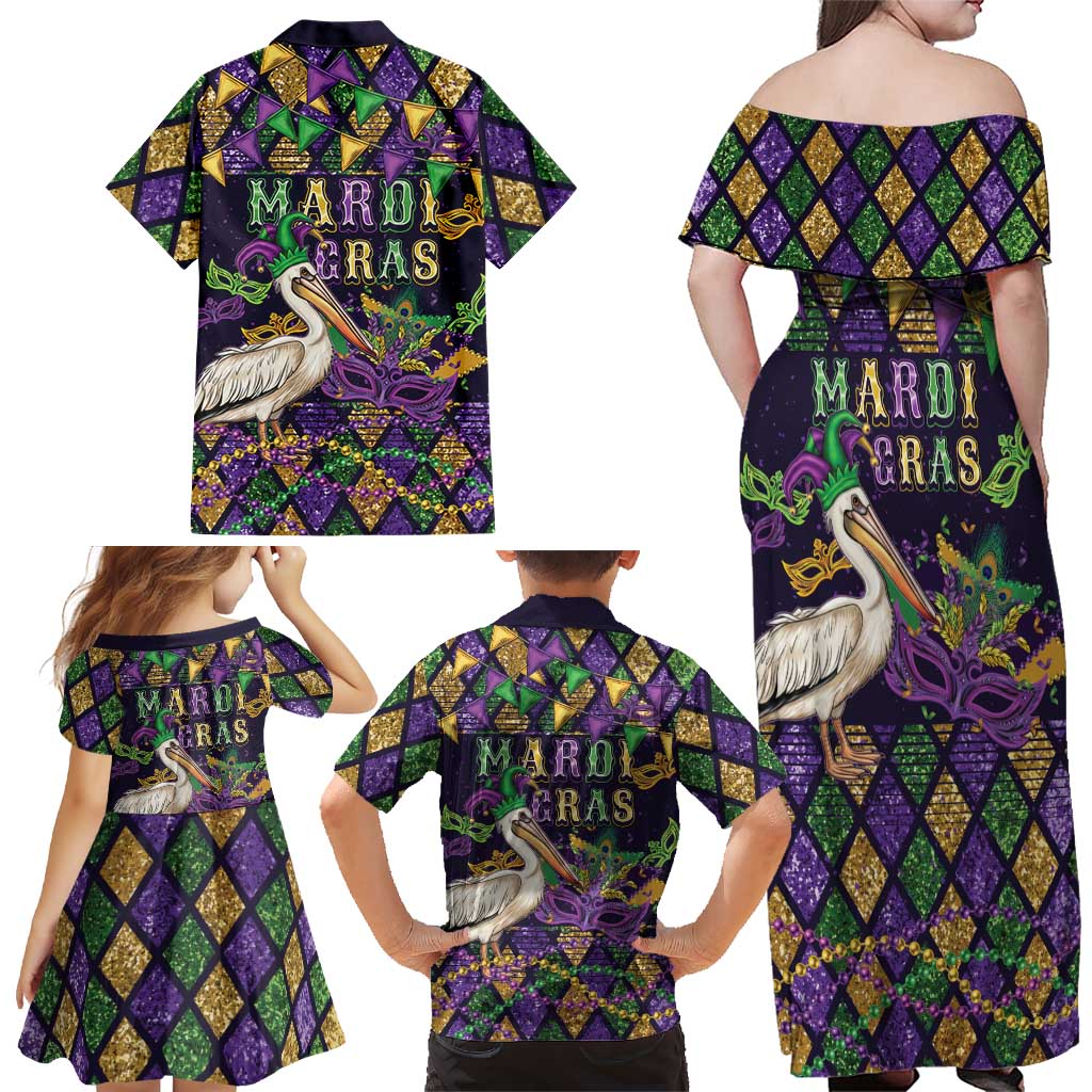 Mardi Gras Pelican Family Matching Off Shoulder Maxi Dress and Hawaiian Shirt Let the Good Times Roll