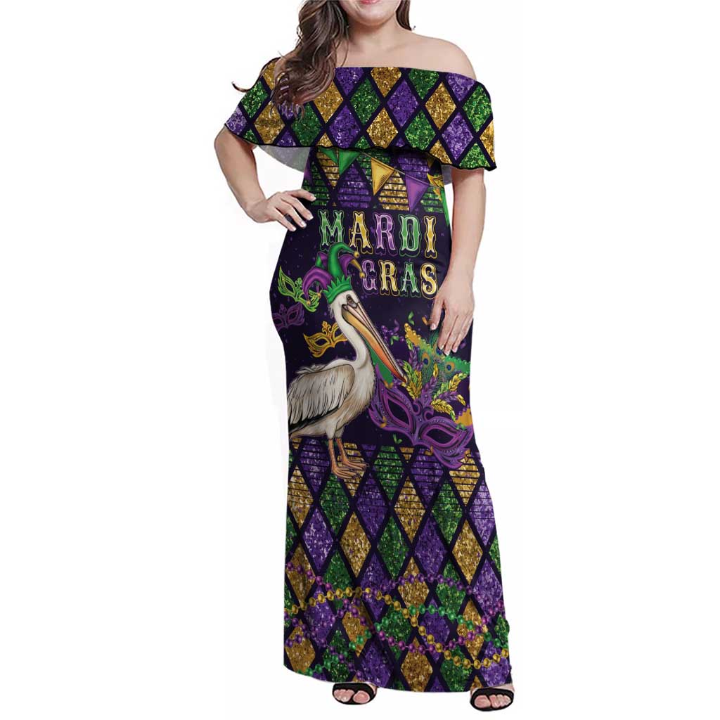 Mardi Gras Pelican Family Matching Off Shoulder Maxi Dress and Hawaiian Shirt Let the Good Times Roll