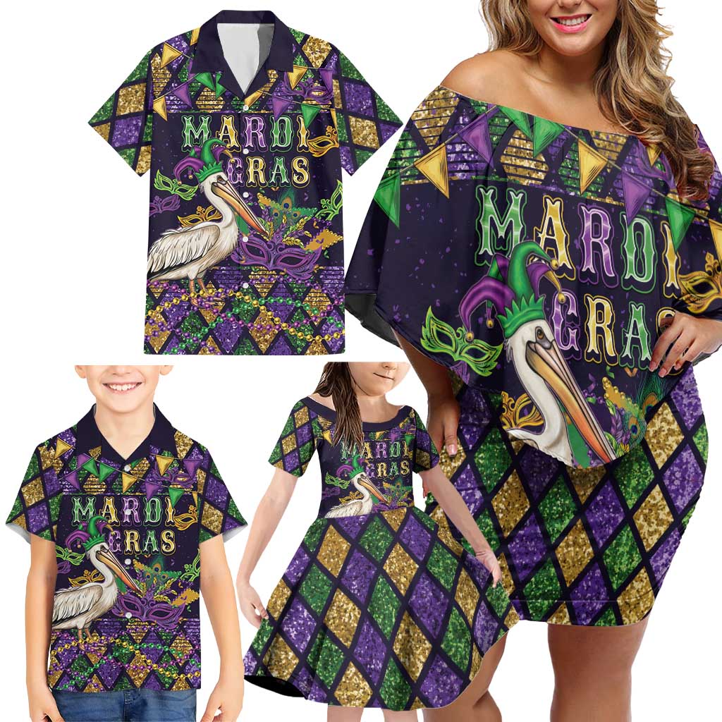 Mardi Gras Pelican Family Matching Off Shoulder Short Dress and Hawaiian Shirt Let the Good Times Roll
