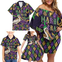 Mardi Gras Pelican Family Matching Off Shoulder Short Dress and Hawaiian Shirt Let the Good Times Roll