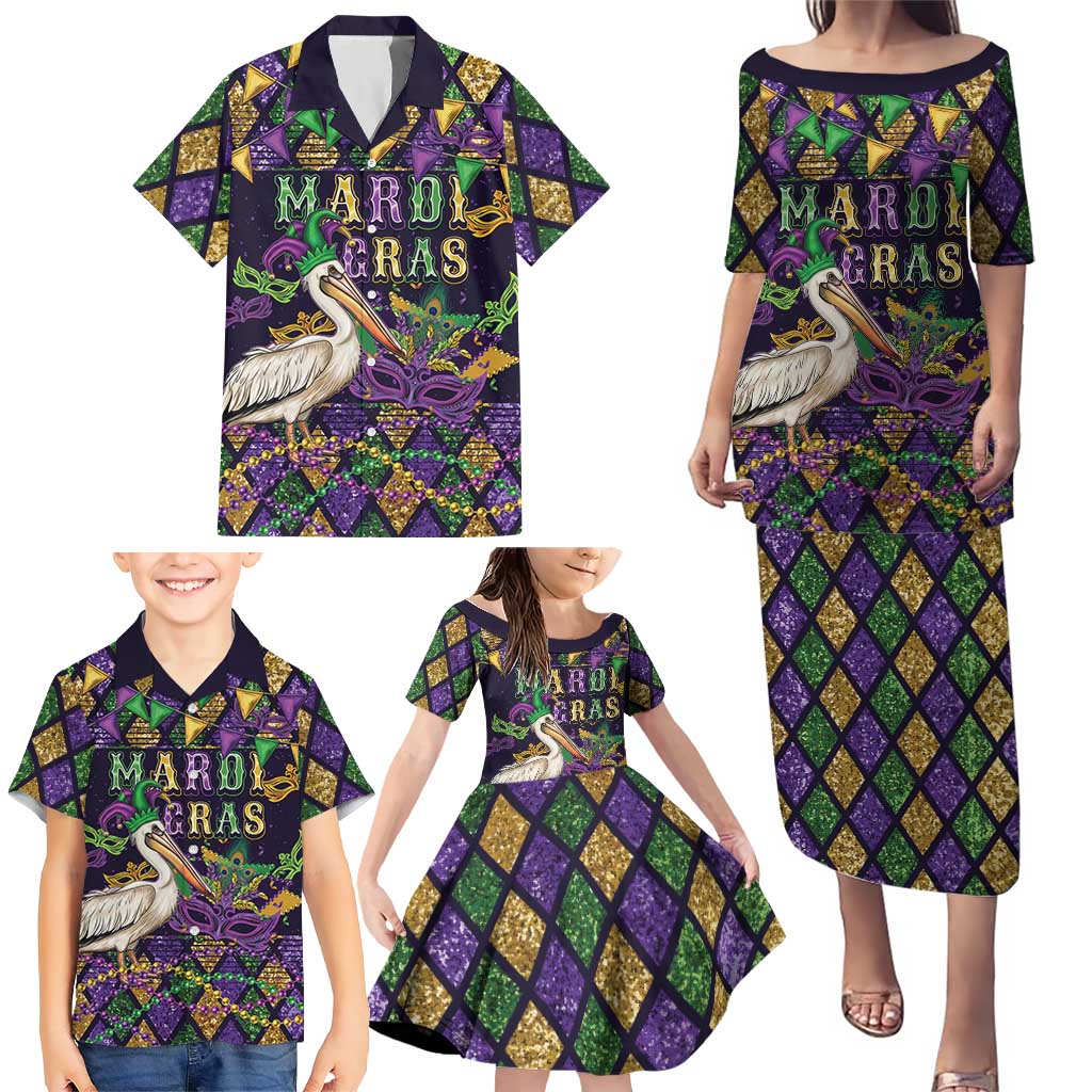 Mardi Gras Pelican Family Matching Puletasi and Hawaiian Shirt Let the Good Times Roll