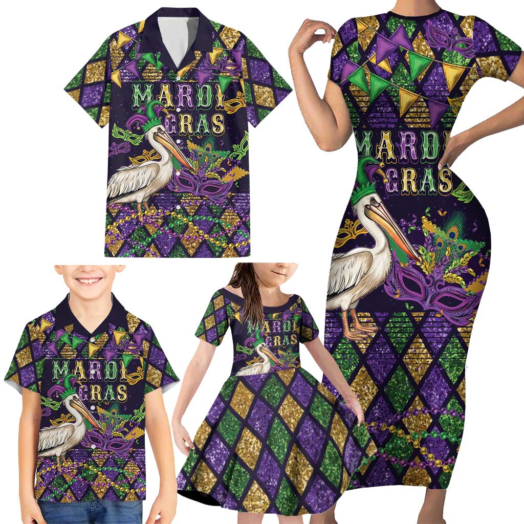 Mardi Gras Pelican Family Matching Short Sleeve Bodycon Dress and Hawaiian Shirt Let the Good Times Roll