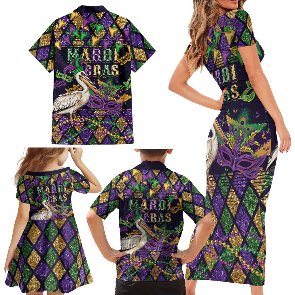 Mardi Gras Pelican Family Matching Short Sleeve Bodycon Dress and Hawaiian Shirt Let the Good Times Roll