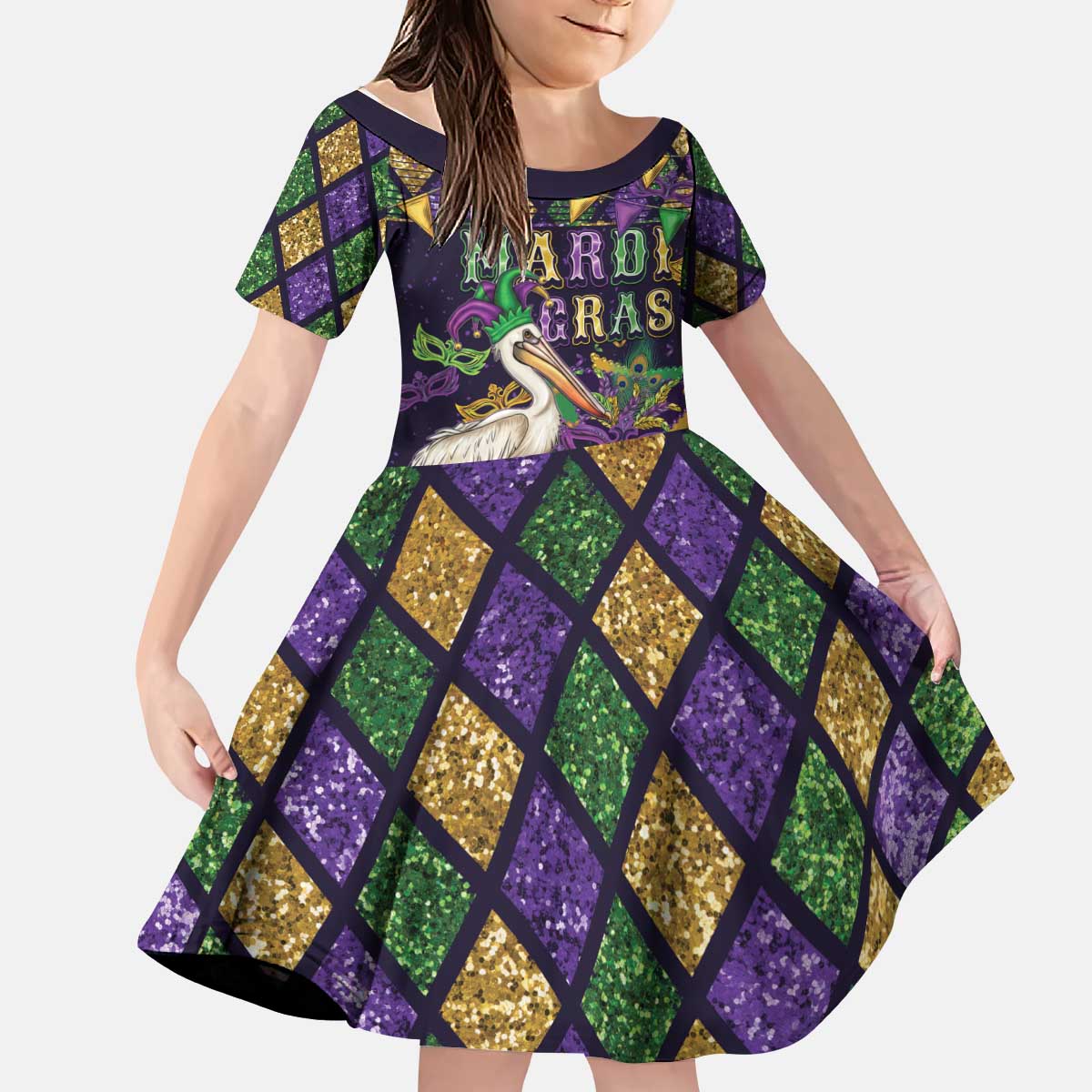 Mardi Gras Pelican Kid Short Sleeve Dress Let the Good Times Roll