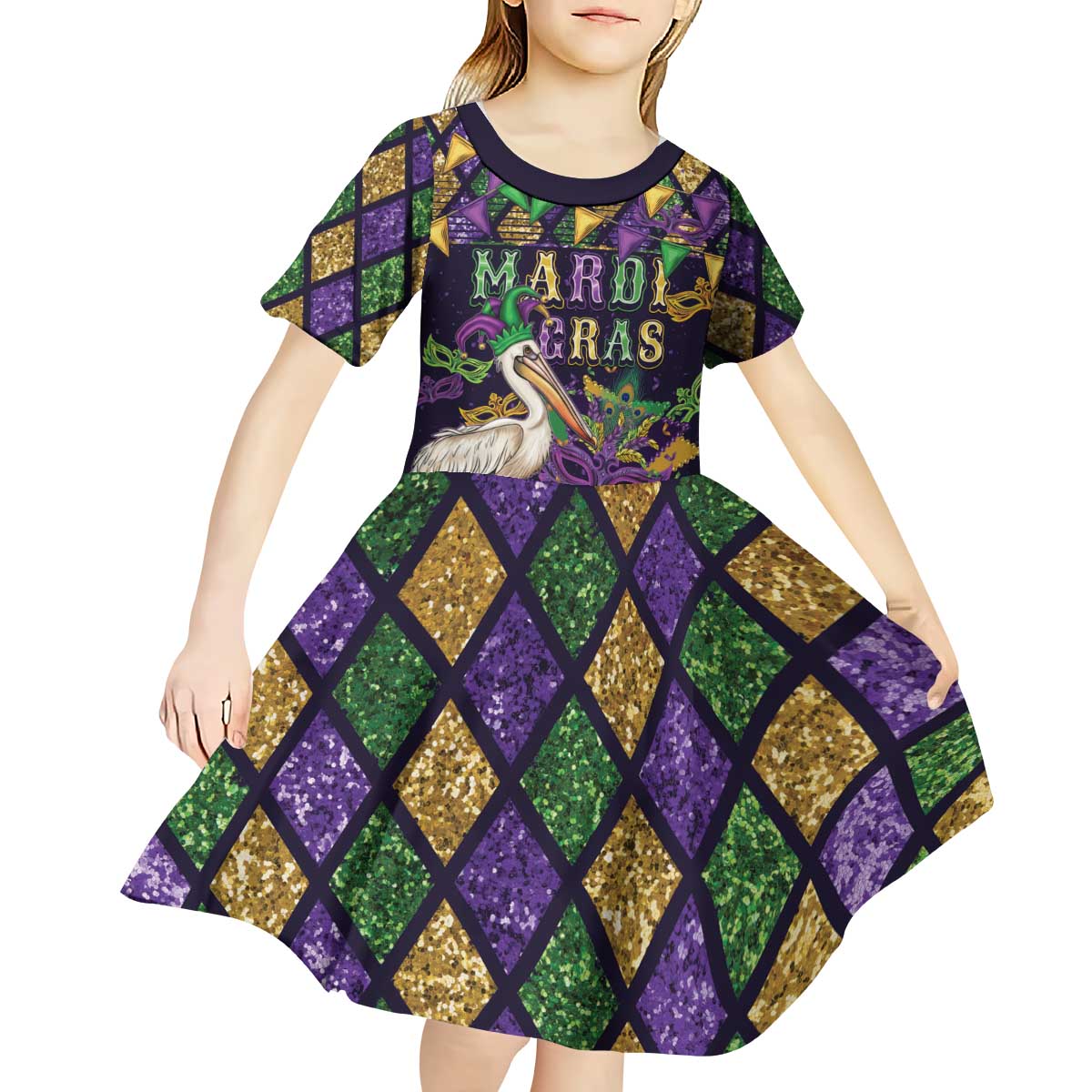 Mardi Gras Pelican Kid Short Sleeve Dress Let the Good Times Roll