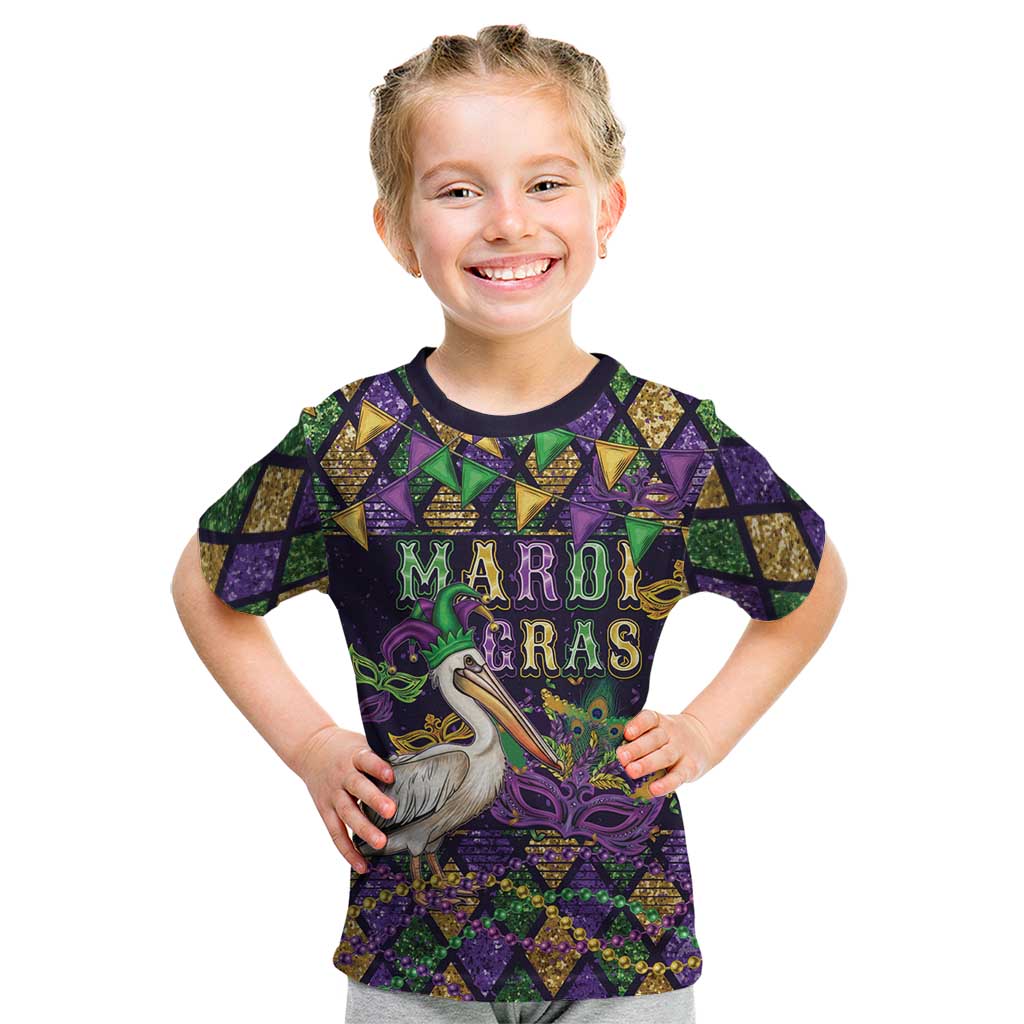 Mardi Gras Pelican Kid T Shirt Let the Good Times Roll