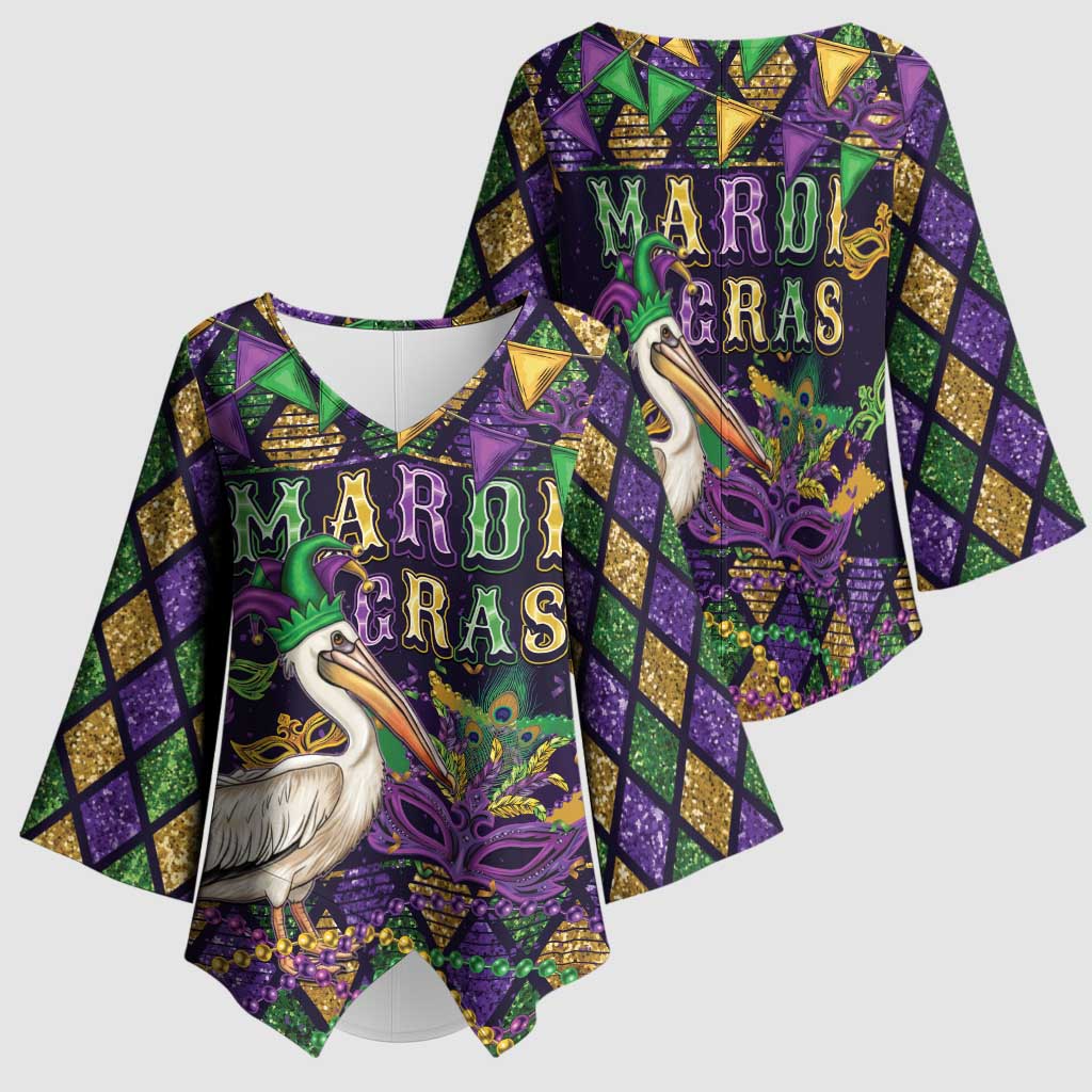 Mardi Gras Pelican Kimono Sleeve Blouse Let the Good Times Roll