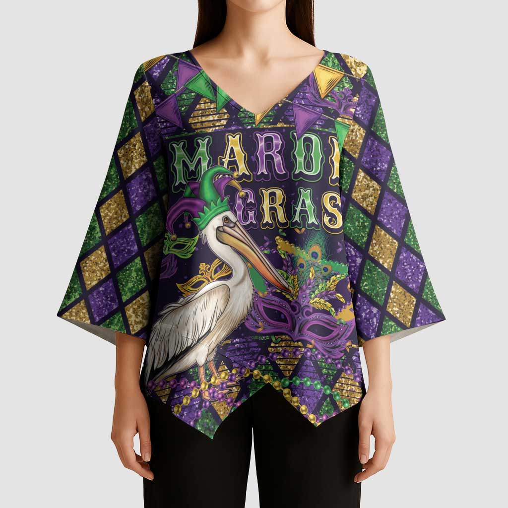 Mardi Gras Pelican Kimono Sleeve Blouse Let the Good Times Roll