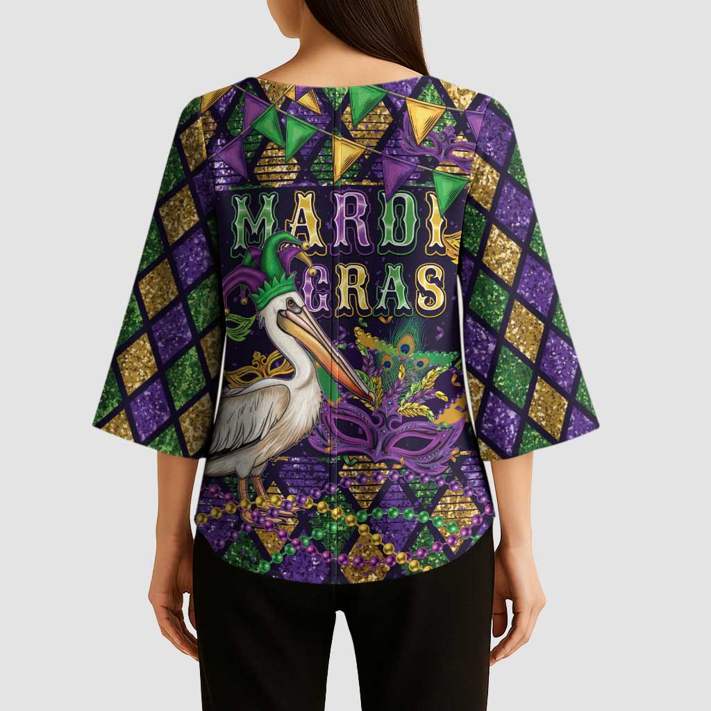 Mardi Gras Pelican Kimono Sleeve Blouse Let the Good Times Roll