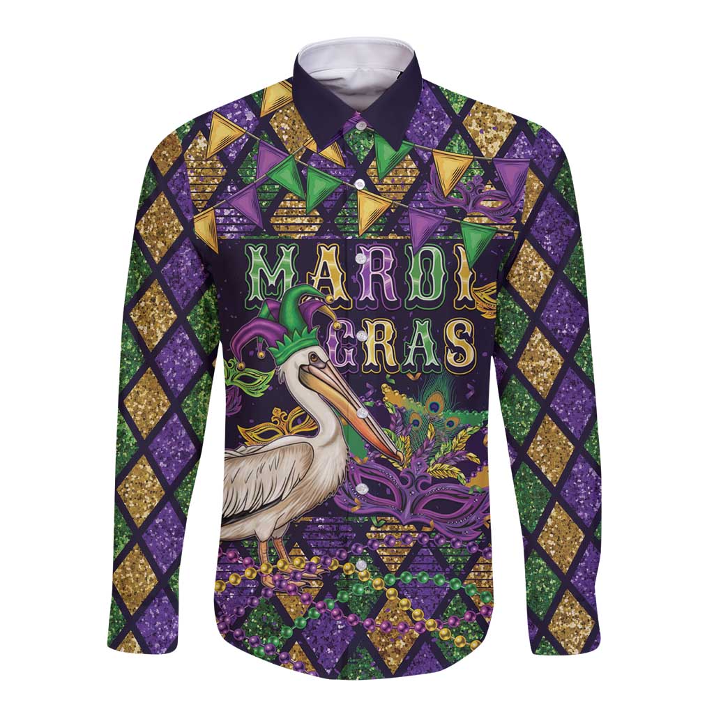 Mardi Gras Pelican Long Sleeve Button Shirt Let the Good Times Roll