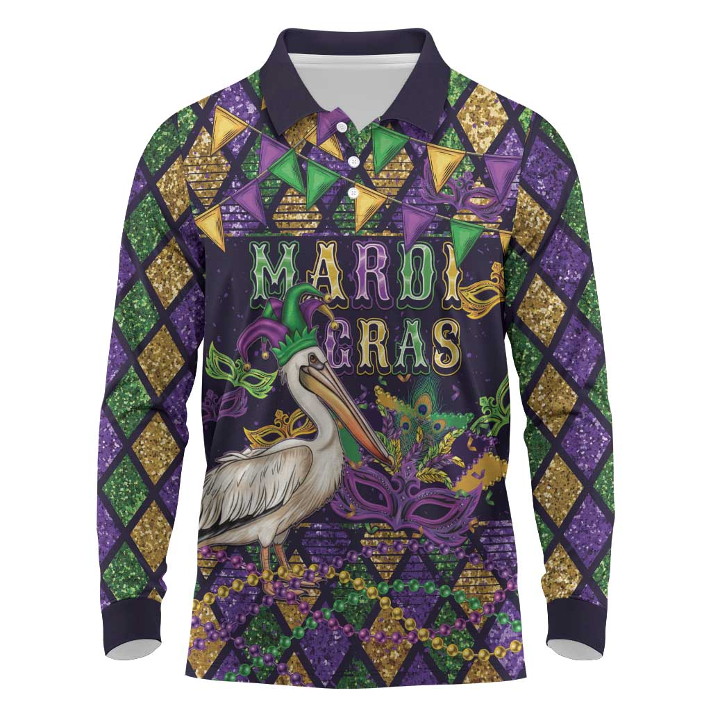 Mardi Gras Pelican Long Sleeve Polo Shirt Let the Good Times Roll