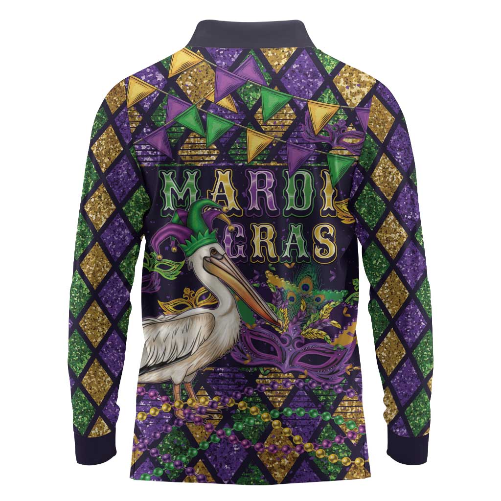 Mardi Gras Pelican Long Sleeve Polo Shirt Let the Good Times Roll