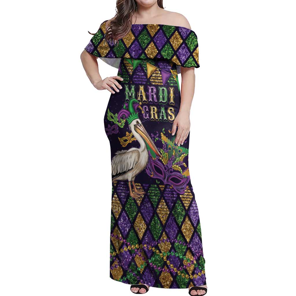 Mardi Gras Pelican Off Shoulder Maxi Dress Let the Good Times Roll