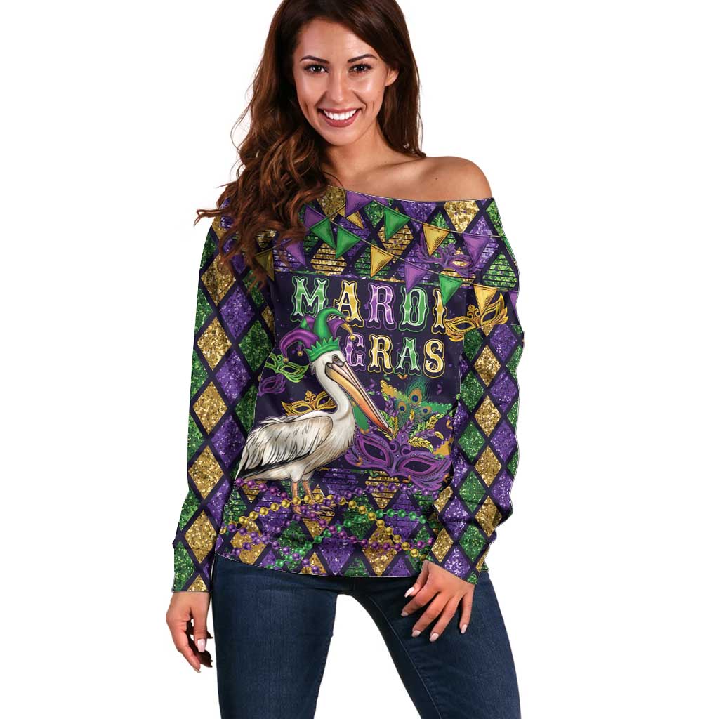 Mardi Gras Pelican Off Shoulder Sweater Let the Good Times Roll