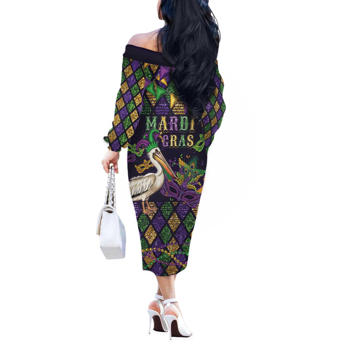 Mardi Gras Pelican Off The Shoulder Long Sleeve Dress Let the Good Times Roll