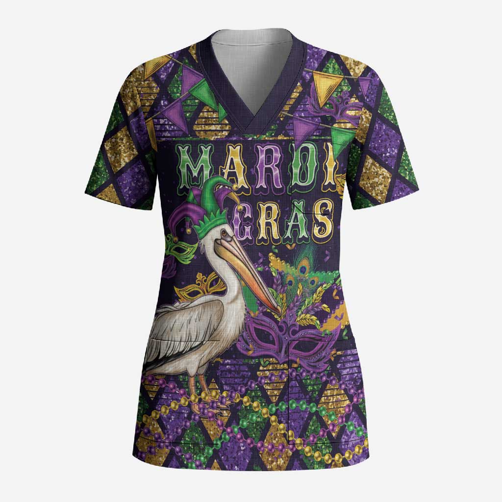 Mardi Gras Pelican Scrub Top Let the Good Times Roll