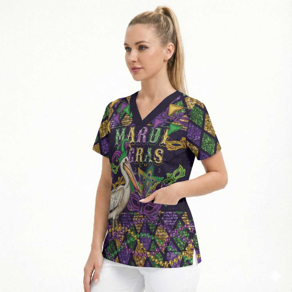 Mardi Gras Pelican Scrub Top Let the Good Times Roll