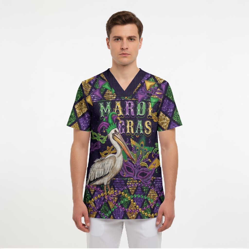 Mardi Gras Pelican Scrub Top Let the Good Times Roll