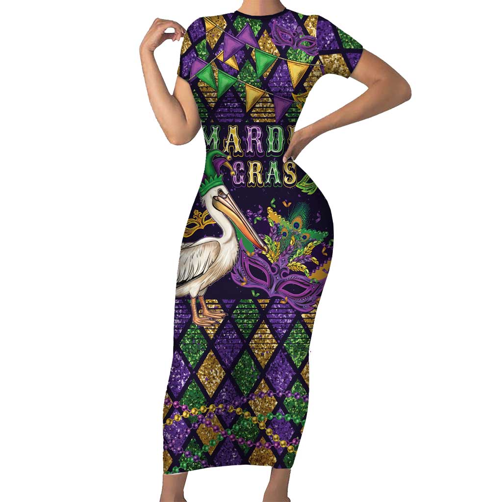 Mardi Gras Pelican Short Sleeve Bodycon Dress Let the Good Times Roll
