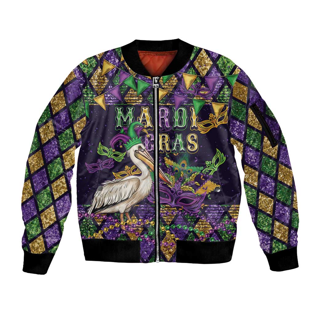 Mardi Gras Pelican Sleeve Zip Bomber Jacket Let the Good Times Roll