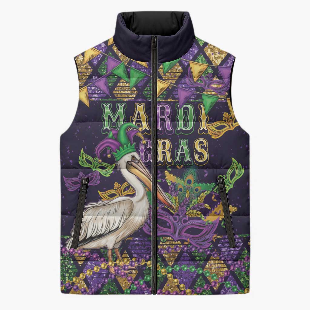 Mardi Gras Pelican Sleeveless Puffer Jacket Let the Good Times Roll