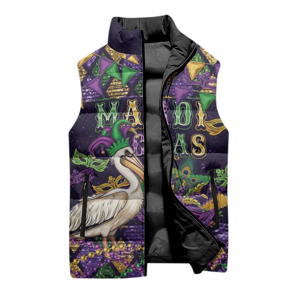 Mardi Gras Pelican Sleeveless Puffer Jacket Let the Good Times Roll