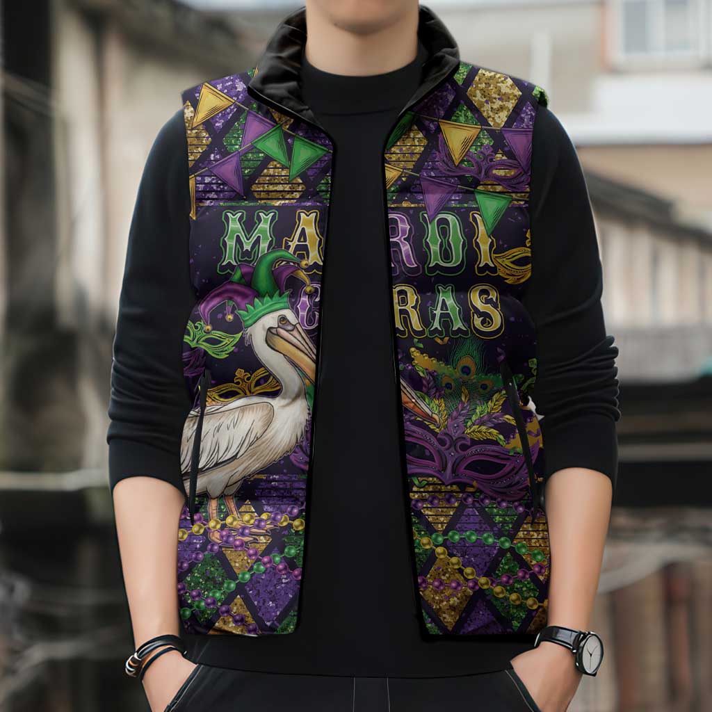 Mardi Gras Pelican Sleeveless Puffer Jacket Let the Good Times Roll