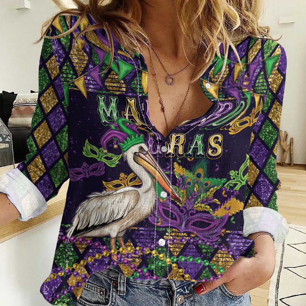 Mardi Gras Pelican Women Casual Shirt Let the Good Times Roll