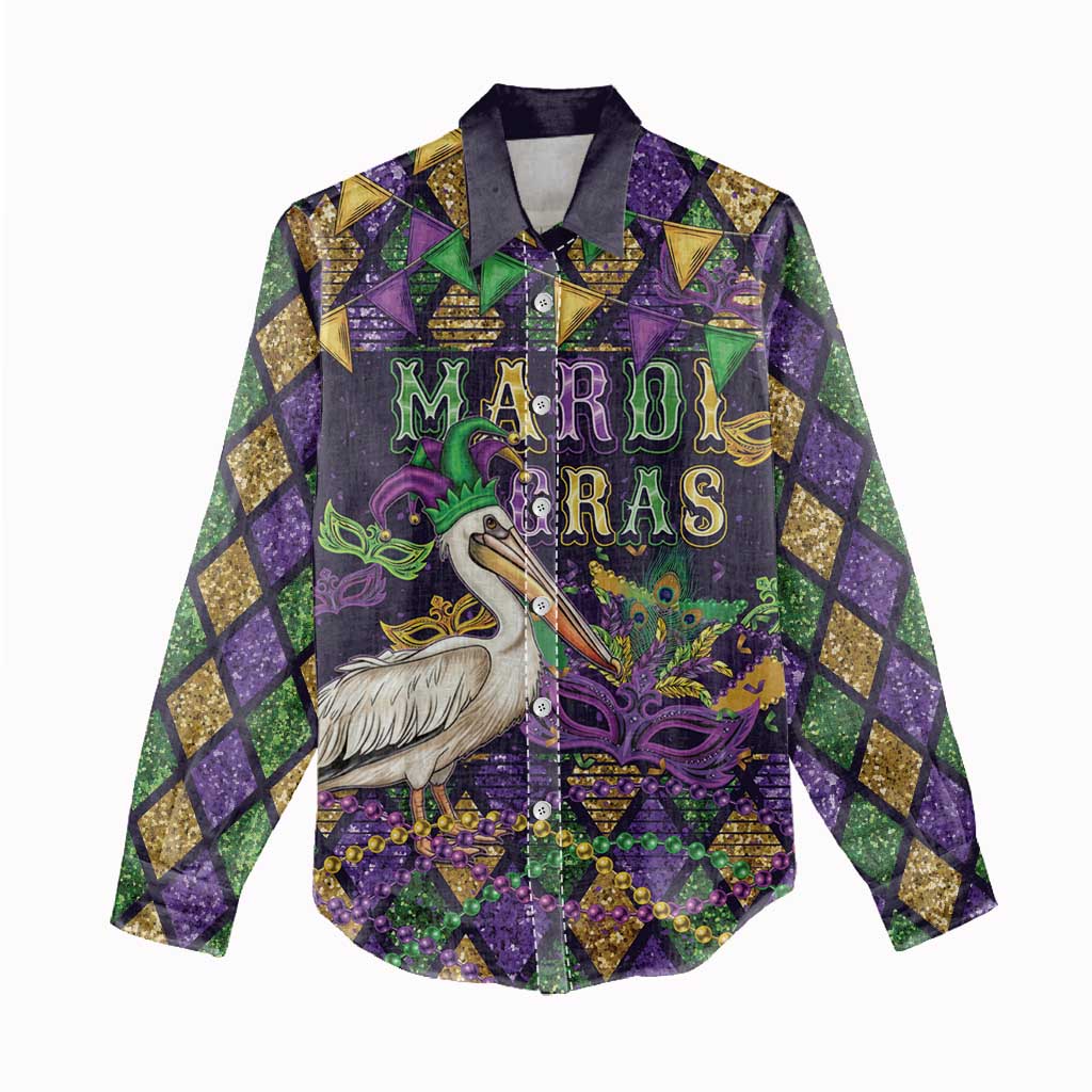 Mardi Gras Pelican Women Casual Shirt Let the Good Times Roll