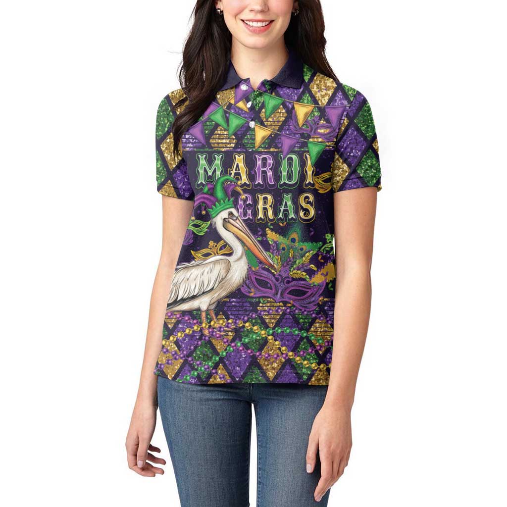 Mardi Gras Pelican Women Polo Shirt Let the Good Times Roll