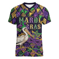 Mardi Gras Pelican Women V-Neck T-Shirt Let the Good Times Roll