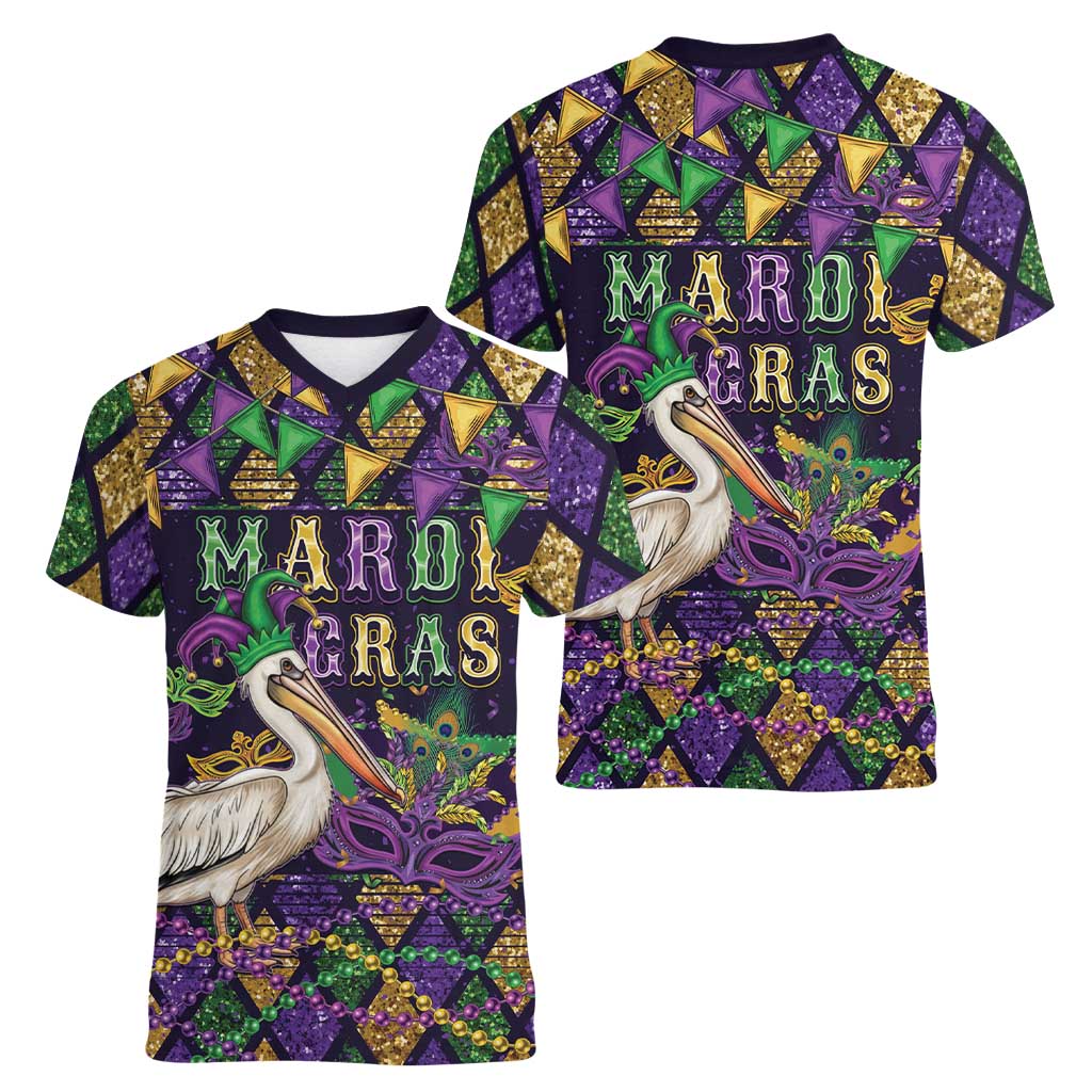 Mardi Gras Pelican Women V-Neck T-Shirt Let the Good Times Roll