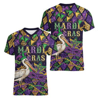 Mardi Gras Pelican Women V-Neck T-Shirt Let the Good Times Roll