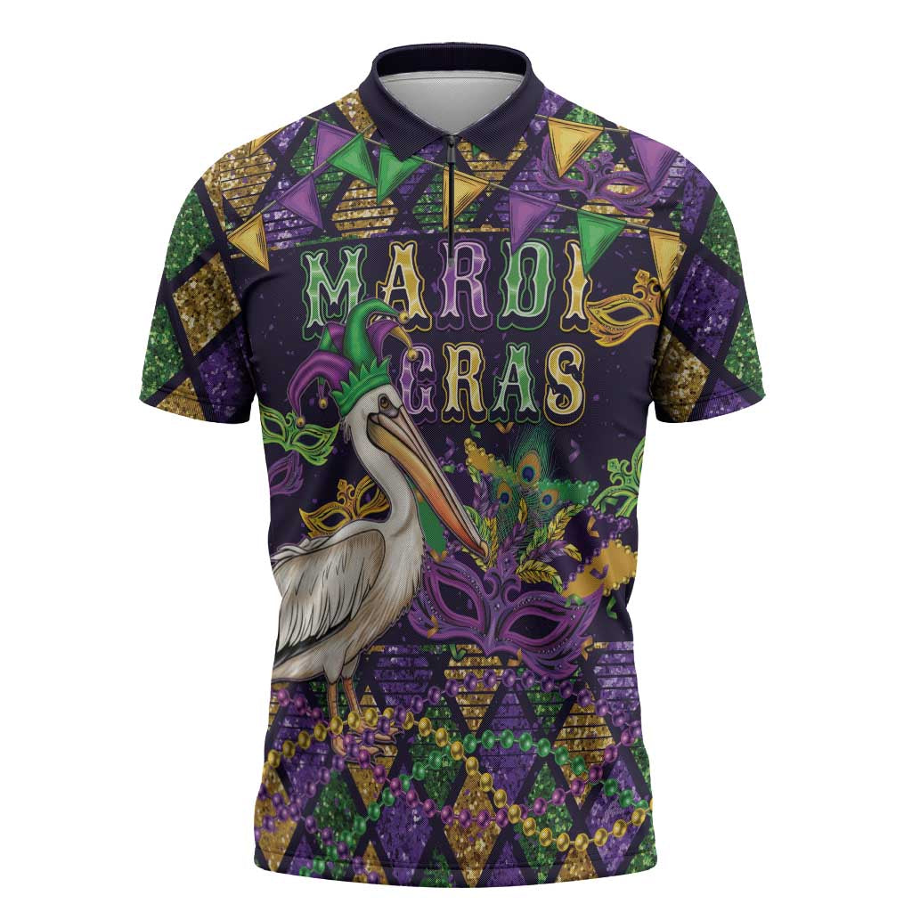 Mardi Gras Pelican Zipper Polo Shirt Let the Good Times Roll